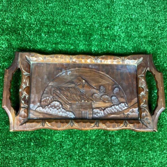 Vintage Mexican Hand Carved Wood Tray with Glass & Handles - Picture 1 of 12